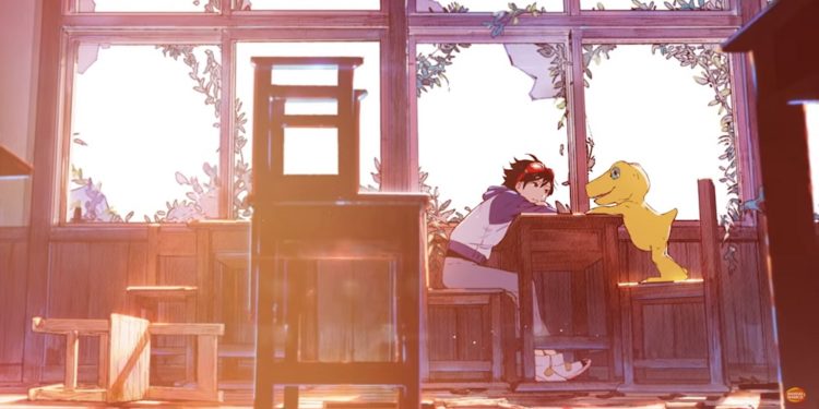 Screenshot Aoi Shibuya, Minoru Hyuga, Labramon dan juga Falcomon Dalam Digimon Survive!
